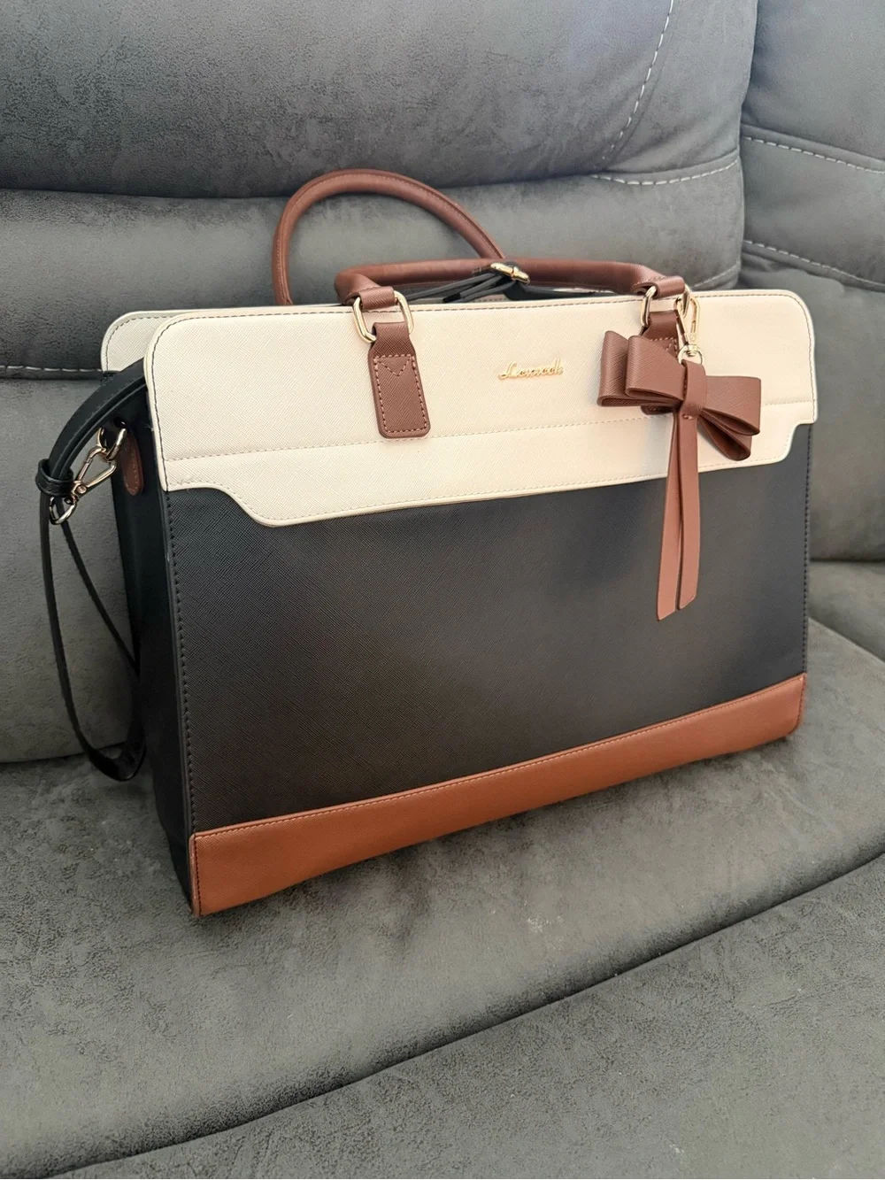 Ladies Three-Tone Laptop Tote Bag in Black, Cream & Brown